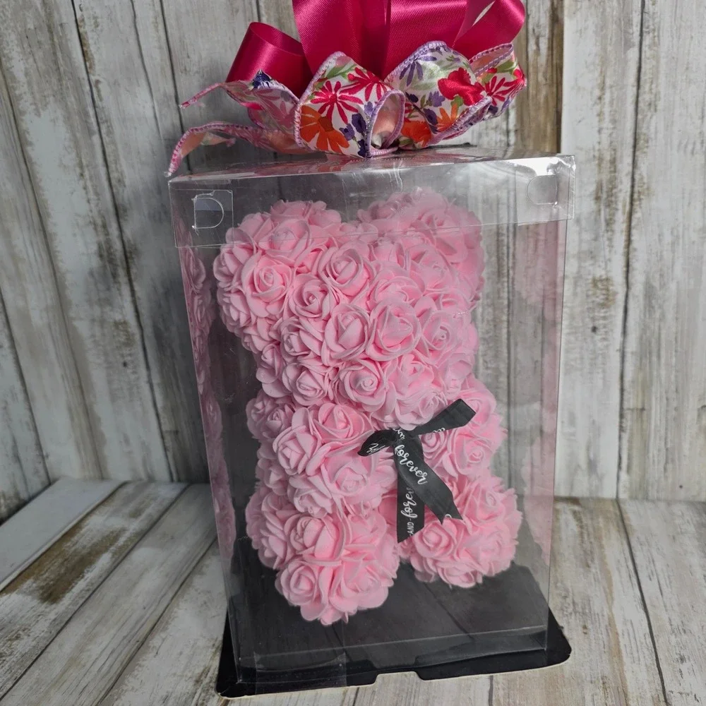 Pink Rose Bear Artificial Flower Teddy Bear in Gift Box 10 Inch Romantic Gift